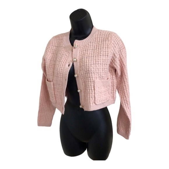 Jessica Simpson pink textured knit pearl button crop cardigan sweater jacket - Picture 5 of 15